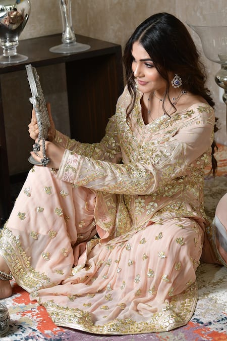 Shian_Peach Georgette Gota Notched Embroidered Sharara Set _Online_at_Aza_Fashions
