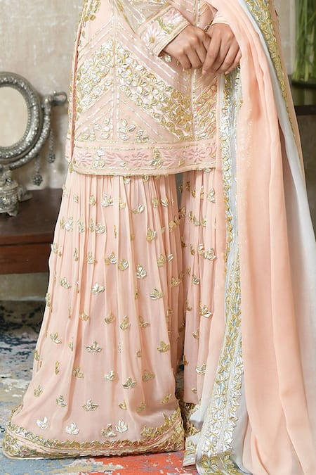 Buy_Shian_Peach Georgette Gota Notched Embroidered Sharara Set _Online_at_Aza_Fashions