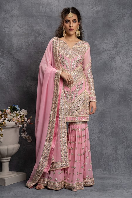 Buy Pink Georgette Embroidered Gota Notched Gharara Set For Women by ...