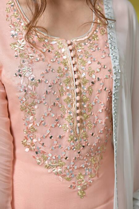 Buy_Shian_Peach Georgette Mirror Work Round Embroidered Sharara Set _Online_at_Aza_Fashions