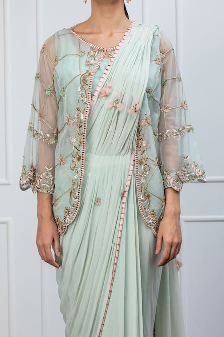 Buy Shian Green Organza, Georgette Zardozi Round Pre-stitched Saree Set With Jacket Online at Aza Fashions Buy_Shian_Green Organza, Georgette Zardozi Round Pre-stitched Saree Set With Jacket _Online_at_Aza_Fashions