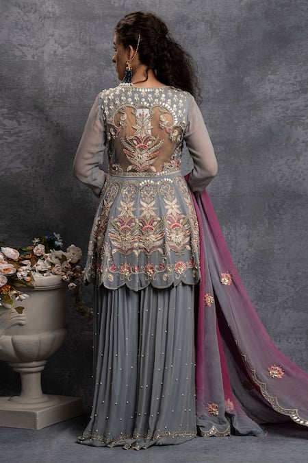 Shop Shian Grey Georgette Leather Round Pearl Embellished Sharara Set at Aza Fashions Shop_Shian_Grey Georgette Leather Round Pearl Embellished Sharara Set _at_Aza_Fashions