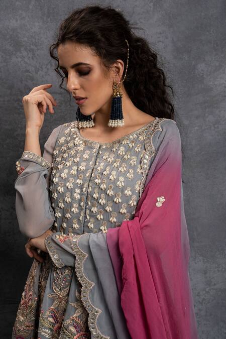 Buy Shian Grey Georgette Leather Round Pearl Embellished Sharara Set Online at Aza Fashions Buy_Shian_Grey Georgette Leather Round Pearl Embellished Sharara Set _Online_at_Aza_Fashions