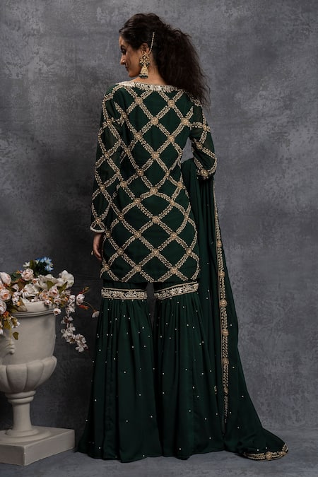 Shop Shian Green Georgette Zari Boat Moti Embroidered Sharara Set at Aza Fashions Shop_Shian_Green Georgette Zari Boat Moti Embroidered Sharara Set _at_Aza_Fashions