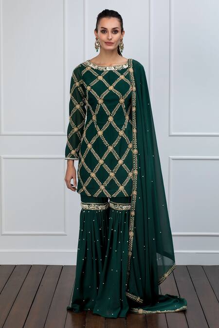 Shian Green Georgette Zari Boat Moti Embroidered Sharara Set Online at Aza Fashions Shian_Green Georgette Zari Boat Moti Embroidered Sharara Set _Online_at_Aza_Fashions