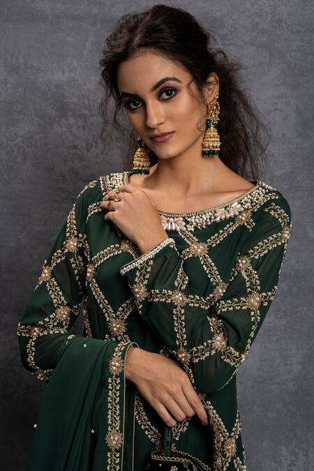 Buy Shian Green Georgette Zari Boat Moti Embroidered Sharara Set Online at Aza Fashions Buy_Shian_Green Georgette Zari Boat Moti Embroidered Sharara Set _Online_at_Aza_Fashions