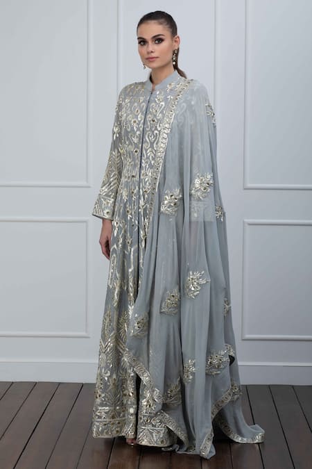 Shop Shian Grey Gota Mandarin Collar Embroidered Anarkali Set at Aza Fashions Shop_Shian_Grey Gota Mandarin Collar Embroidered Anarkali Set _at_Aza_Fashions