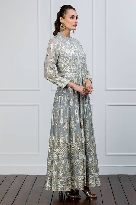 Shian Grey Gota Mandarin Collar Embroidered Anarkali Set Online at Aza Fashions Shian_Grey Gota Mandarin Collar Embroidered Anarkali Set _Online_at_Aza_Fashions