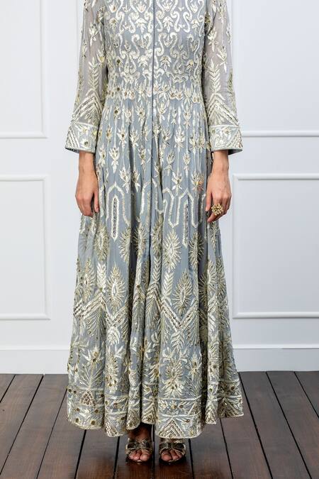 Shop Shian Grey Gota Mandarin Collar Embroidered Anarkali Set Online at Aza Fashions Shop_Shian_Grey Gota Mandarin Collar Embroidered Anarkali Set _Online_at_Aza_Fashions