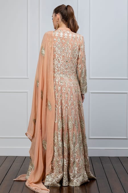Shop Shian Peach Net, Georgette Gota Mandarin Collar Embroidered Anarkali Lehenga Set at Aza Fashions Shop_Shian_Peach Net, Georgette Gota Mandarin Collar Embroidered Anarkali Lehenga Set _at_Aza_Fashions