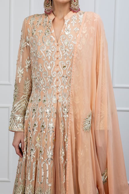 Shian Peach Net, Georgette Gota Mandarin Collar Embroidered Anarkali Lehenga Set Online at Aza Fashions Shian_Peach Net, Georgette Gota Mandarin Collar Embroidered Anarkali Lehenga Set _Online_at_Aza_Fashions