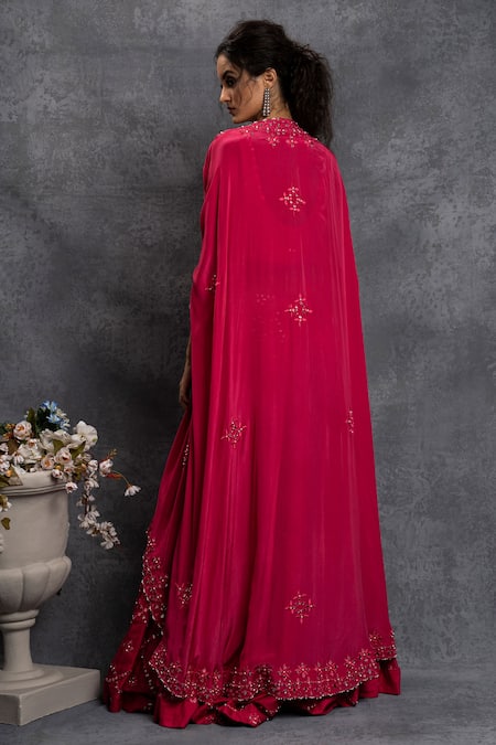 Shop Shian Pink Crepe, Dupion Silk Mirror Work Scoop Pearl Embroidered Sharara Cape Set at Aza Fashions Shop_Shian_Pink Crepe, Dupion Silk Mirror Work Scoop Pearl Embroidered Sharara Cape Set _at_Aza_Fashions