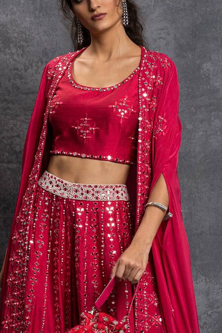 Buy Shian Pink Crepe, Dupion Silk Mirror Work Scoop Pearl Embroidered Sharara Cape Set Online at Aza Fashions Buy_Shian_Pink Crepe, Dupion Silk Mirror Work Scoop Pearl Embroidered Sharara Cape Set _Online_at_Aza_Fashions
