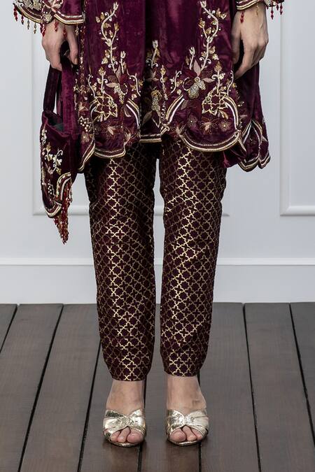 Shop Shian Maroon Velvet, Brocade Zardozi V Neck Kurta And Pant Set Online at Aza Fashions Shop_Shian_Maroon Velvet, Brocade Zardozi V Neck Kurta And Pant Set _Online_at_Aza_Fashions