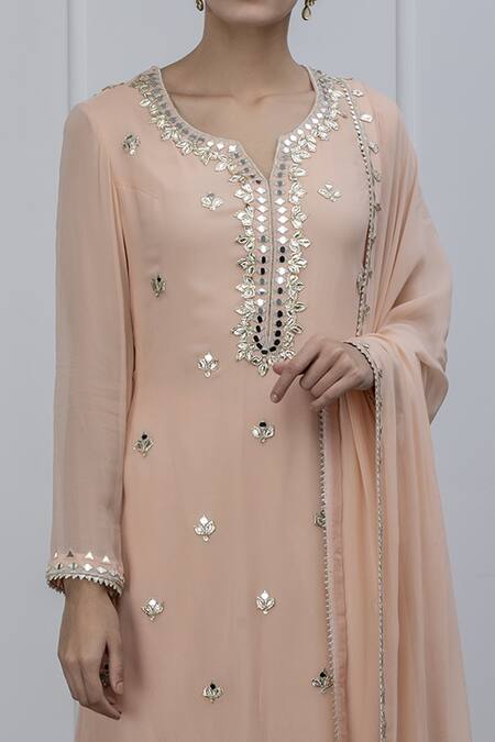 Shop Shian Peach Georgette Mirror Work Notched Embroidered Gharara Set Online at Aza Fashions Shop_Shian_Peach Georgette Mirror Work Notched Embroidered Gharara Set _Online_at_Aza_Fashions