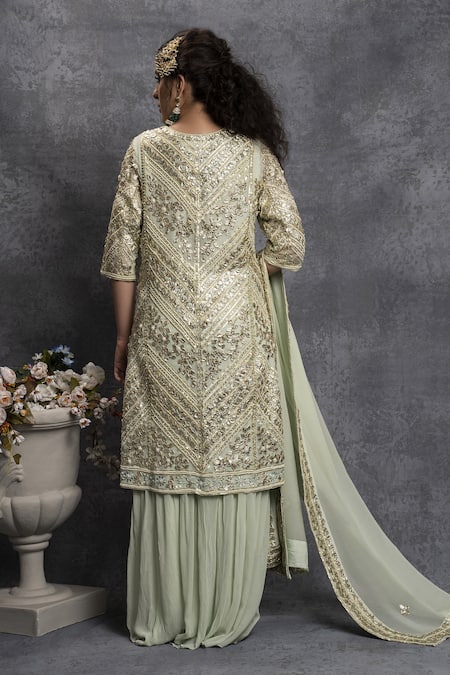 Shop Shian Green Georgette Gota V Neck Embroidered Kurta Sharara Set at Aza Fashions Shop_Shian_Green Georgette Gota V Neck Embroidered Kurta Sharara Set _at_Aza_Fashions