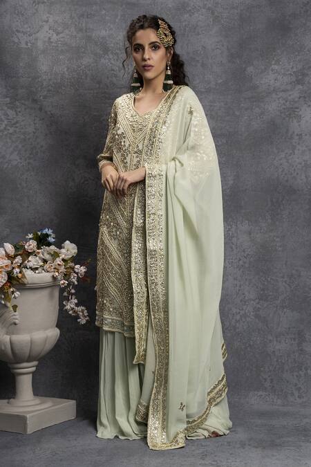 Shian Green Georgette Gota V Neck Embroidered Kurta Sharara Set Online at Aza Fashions Shian_Green Georgette Gota V Neck Embroidered Kurta Sharara Set _Online_at_Aza_Fashions
