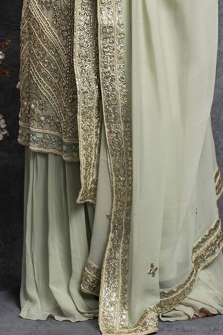 Buy Shian Green Georgette Gota V Neck Embroidered Kurta Sharara Set Online at Aza Fashions Buy_Shian_Green Georgette Gota V Neck Embroidered Kurta Sharara Set _Online_at_Aza_Fashions