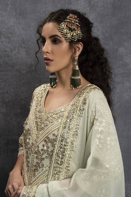 Shop Shian Green Georgette Gota V Neck Embroidered Kurta Sharara Set Online at Aza Fashions Shop_Shian_Green Georgette Gota V Neck Embroidered Kurta Sharara Set _Online_at_Aza_Fashions