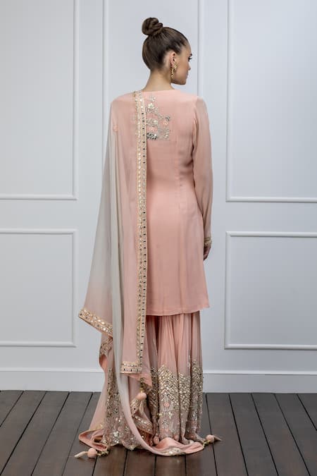 Shop Shian Pink Georgette Leather Notched Straight Kurta Sharara Set at Aza Fashions Shop_Shian_Pink Georgette Leather Notched Straight Kurta Sharara Set _at_Aza_Fashions