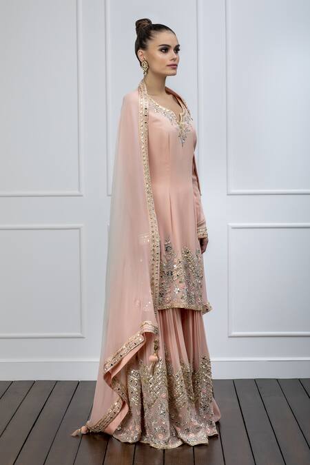 Shian Pink Georgette Leather Notched Straight Kurta Sharara Set Online at Aza Fashions Shian_Pink Georgette Leather Notched Straight Kurta Sharara Set _Online_at_Aza_Fashions