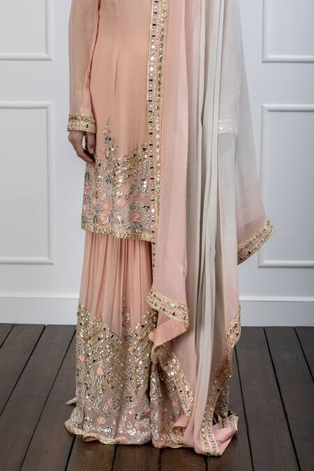 Buy Shian Pink Georgette Leather Notched Straight Kurta Sharara Set Online at Aza Fashions Buy_Shian_Pink Georgette Leather Notched Straight Kurta Sharara Set _Online_at_Aza_Fashions