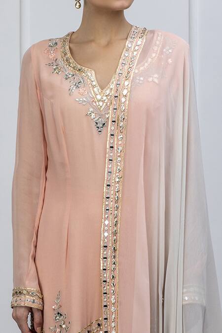 Shop Shian Pink Georgette Leather Notched Straight Kurta Sharara Set Online at Aza Fashions Shop_Shian_Pink Georgette Leather Notched Straight Kurta Sharara Set _Online_at_Aza_Fashions