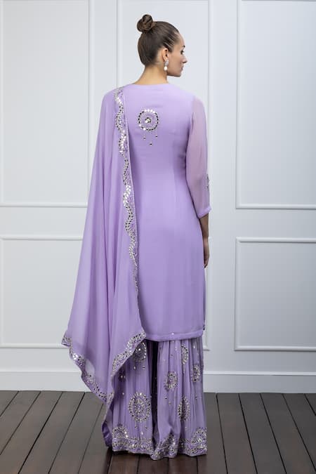 Shop Shian Purple Georgette Leather Notched Embellished Kurta Sharara Set at Aza Fashions Shop_Shian_Purple Georgette Leather Notched Embellished Kurta Sharara Set _at_Aza_Fashions