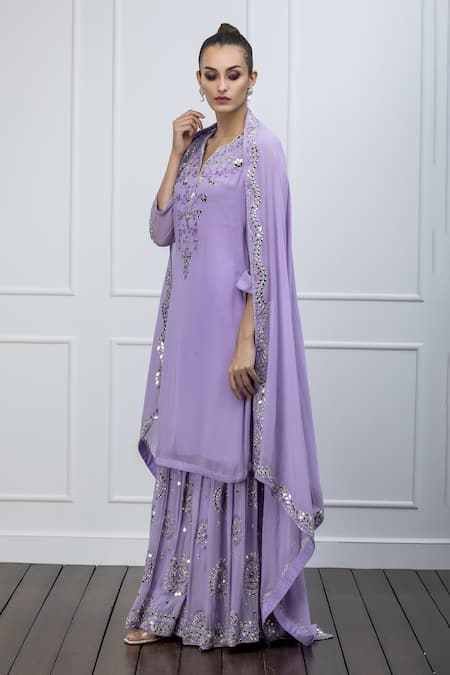 Shian Purple Georgette Leather Notched Embellished Kurta Sharara Set Online at Aza Fashions Shian_Purple Georgette Leather Notched Embellished Kurta Sharara Set _Online_at_Aza_Fashions