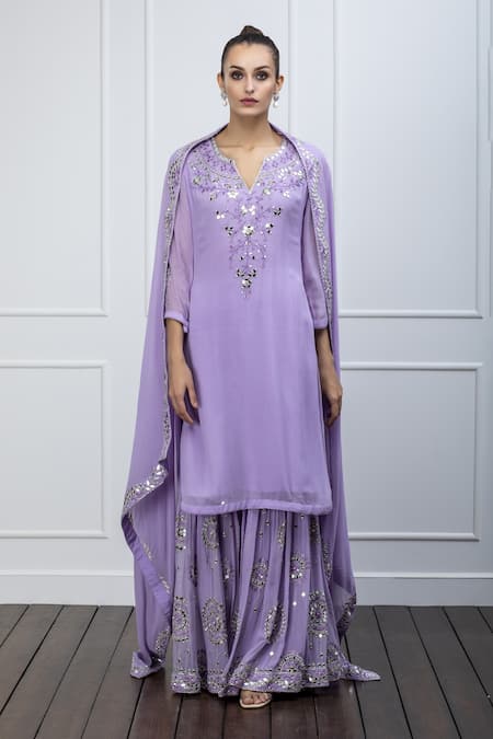 Buy Shian Purple Georgette Leather Notched Embellished Kurta Sharara Set Online at Aza Fashions Buy_Shian_Purple Georgette Leather Notched Embellished Kurta Sharara Set _Online_at_Aza_Fashions