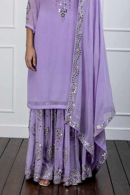 Shop Shian Purple Georgette Leather Notched Embellished Kurta Sharara Set Online at Aza Fashions Shop_Shian_Purple Georgette Leather Notched Embellished Kurta Sharara Set _Online_at_Aza_Fashions