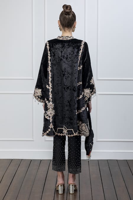 Shop Shian Black Velvet, Dupion Silk Zari And Thread V Neck Embroidered Kurta & Pant Set at Aza Fashions Shop_Shian_Black Velvet, Dupion Silk Zari And Thread V Neck Embroidered Kurta & Pant Set _at_Aza_Fashions
