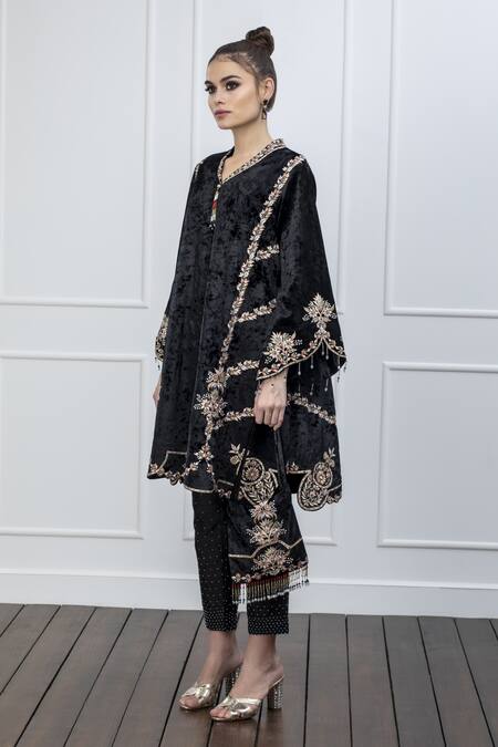 Shian Black Velvet, Dupion Silk Zari And Thread V Neck Embroidered Kurta & Pant Set Online at Aza Fashions Shian_Black Velvet, Dupion Silk Zari And Thread V Neck Embroidered Kurta & Pant Set _Online_at_Aza_Fashions