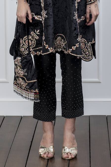 Buy Shian Black Velvet, Dupion Silk Zari And Thread V Neck Embroidered Kurta & Pant Set Online at Aza Fashions Buy_Shian_Black Velvet, Dupion Silk Zari And Thread V Neck Embroidered Kurta & Pant Set _Online_at_Aza_Fashions