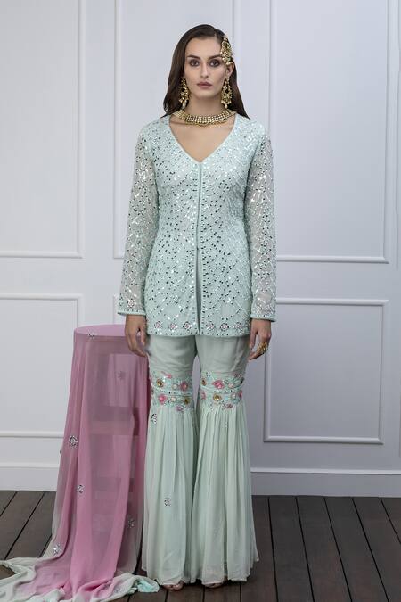 Shian Green Georgette Cutdana, Mirror Work, Pearls, Hand Embellished Kurta Gharara Set Online at Aza Fashions Shian_Green Georgette Cutdana, Mirror Work, Pearls, Hand Embellished Kurta Gharara Set _Online_at_Aza_Fashions