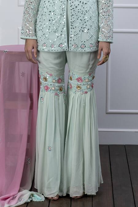 Buy Shian Green Georgette Cutdana, Mirror Work, Pearls, Hand Embellished Kurta Gharara Set Online at Aza Fashions Buy_Shian_Green Georgette Cutdana, Mirror Work, Pearls, Hand Embellished Kurta Gharara Set _Online_at_Aza_Fashions