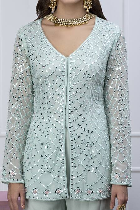 Shop Shian Green Georgette Cutdana, Mirror Work, Pearls, Hand Embellished Kurta Gharara Set Online at Aza Fashions Shop_Shian_Green Georgette Cutdana, Mirror Work, Pearls, Hand Embellished Kurta Gharara Set _Online_at_Aza_Fashions