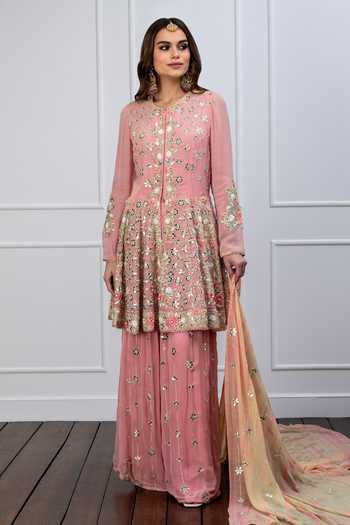 SHIAN_Pink Georgette Floral Motifs, Thread Work, Patra Embroidered Kurta And Sharara Set _Online_at_Aza_Fashions