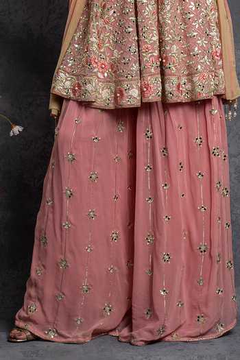 Buy_SHIAN_Pink Georgette Floral Motifs, Thread Work, Patra Embroidered Kurta And Sharara Set _Online_at_Aza_Fashions