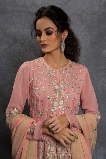 Shop_SHIAN_Pink Georgette Floral Motifs, Thread Work, Patra Embroidered Kurta And Sharara Set _Online_at_Aza_Fashions