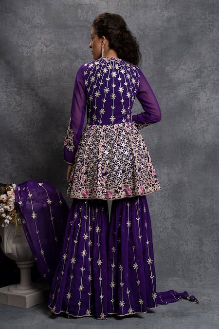 Shop Shian Purple Georgette Floral Motifs, Thread Work, Embroidered Kurta And Sharara Set at Aza Fashions Shop_Shian_Purple Georgette Floral Motifs, Thread Work, Embroidered Kurta And Sharara Set _at_Aza_Fashions