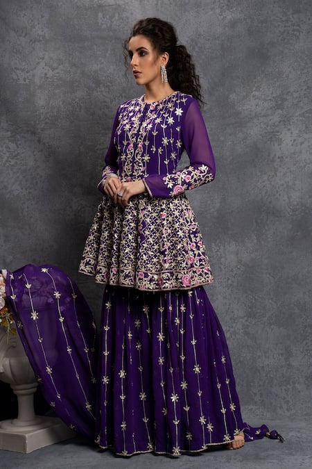 Shian Purple Georgette Floral Motifs, Thread Work, Embroidered Kurta And Sharara Set Online at Aza Fashions Shian_Purple Georgette Floral Motifs, Thread Work, Embroidered Kurta And Sharara Set _Online_at_Aza_Fashions