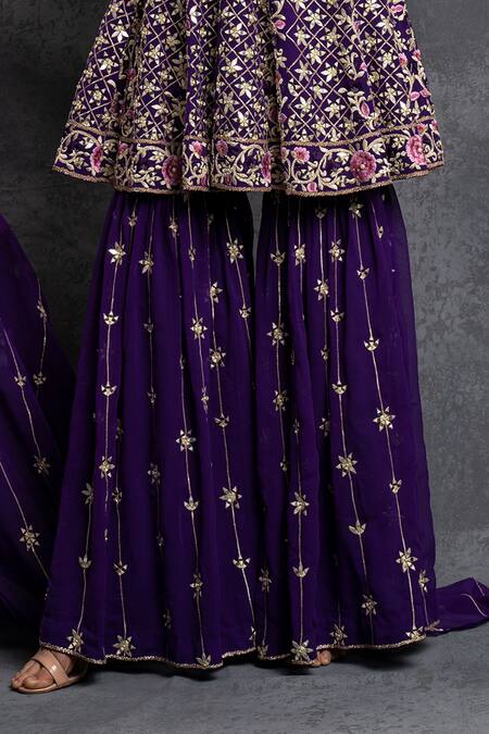 Buy Shian Purple Georgette Floral Motifs, Thread Work, Embroidered Kurta And Sharara Set Online at Aza Fashions Buy_Shian_Purple Georgette Floral Motifs, Thread Work, Embroidered Kurta And Sharara Set _Online_at_Aza_Fashions