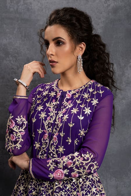 Shop Shian Purple Georgette Floral Motifs, Thread Work, Embroidered Kurta And Sharara Set Online at Aza Fashions Shop_Shian_Purple Georgette Floral Motifs, Thread Work, Embroidered Kurta And Sharara Set _Online_at_Aza_Fashions