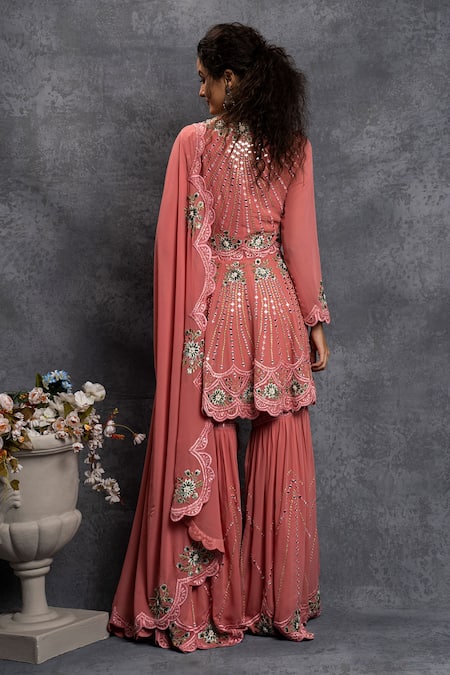 Shop Shian Pink Georgette Dori Work, Mirror, Thread Hand Embellished Kurta And Gharara Set at Aza Fashions Shop_Shian_Pink Georgette Dori Work, Mirror, Thread Hand Embellished Kurta And Gharara Set _at_Aza_Fashions