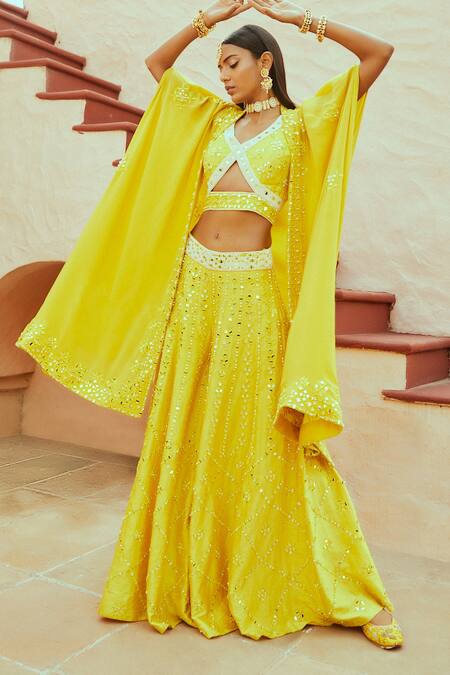 Shian_Yellow Crepe, Dupion Silk Mirror Work, Pearls Embroidered Cape And Kurta Set _Online_at_Aza_Fashions