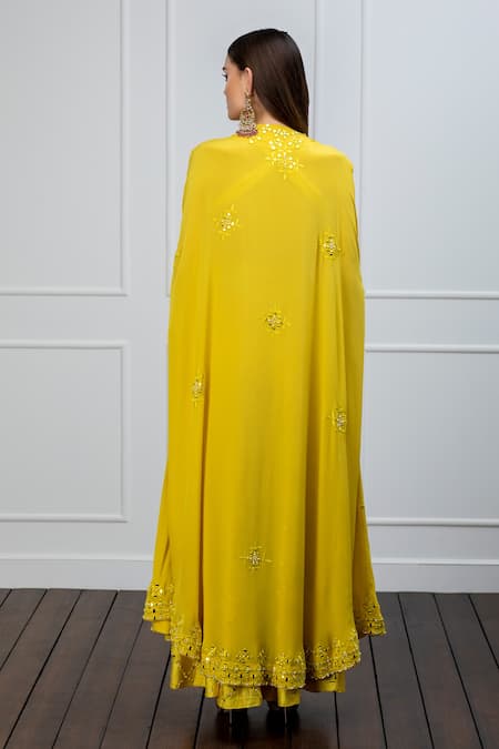 Shop_Shian_Yellow Crepe, Dupion Silk Mirror Work, Pearls Embroidered Cape And Kurta Set _at_Aza_Fashions