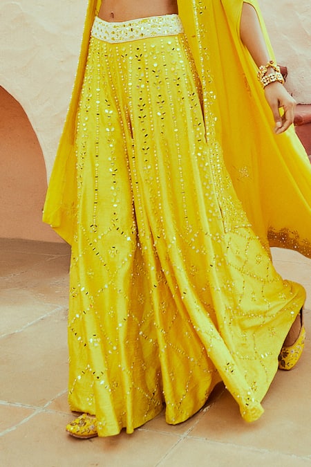 Buy_Shian_Yellow Crepe, Dupion Silk Mirror Work, Pearls Embroidered Cape And Kurta Set _Online_at_Aza_Fashions