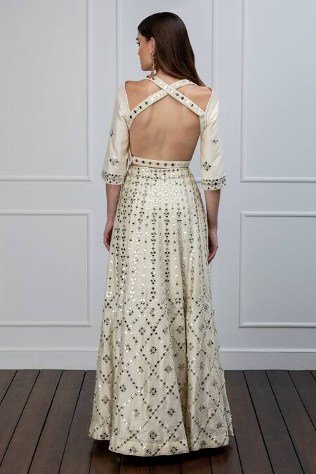 Shop_Shian_White Georgette, Dupion Silk Cutdana, Mirror Embroidered Bridal Lehenga Set _at_Aza_Fashions