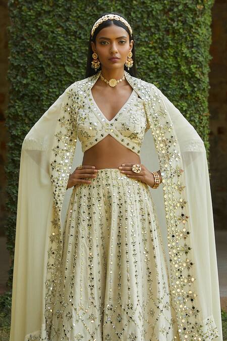 Shian_White Georgette, Dupion Silk Cutdana, Mirror Embroidered Bridal Lehenga Set _Online_at_Aza_Fashions